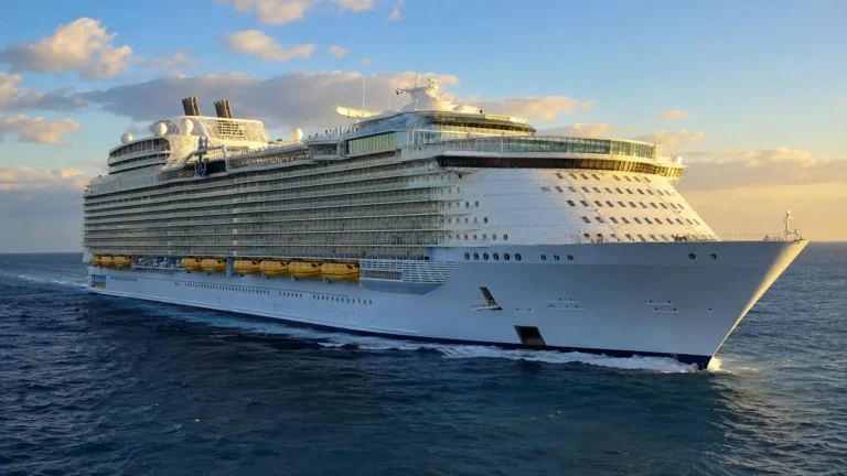 Wonder of the Seas sailing bow-first in warm evening light