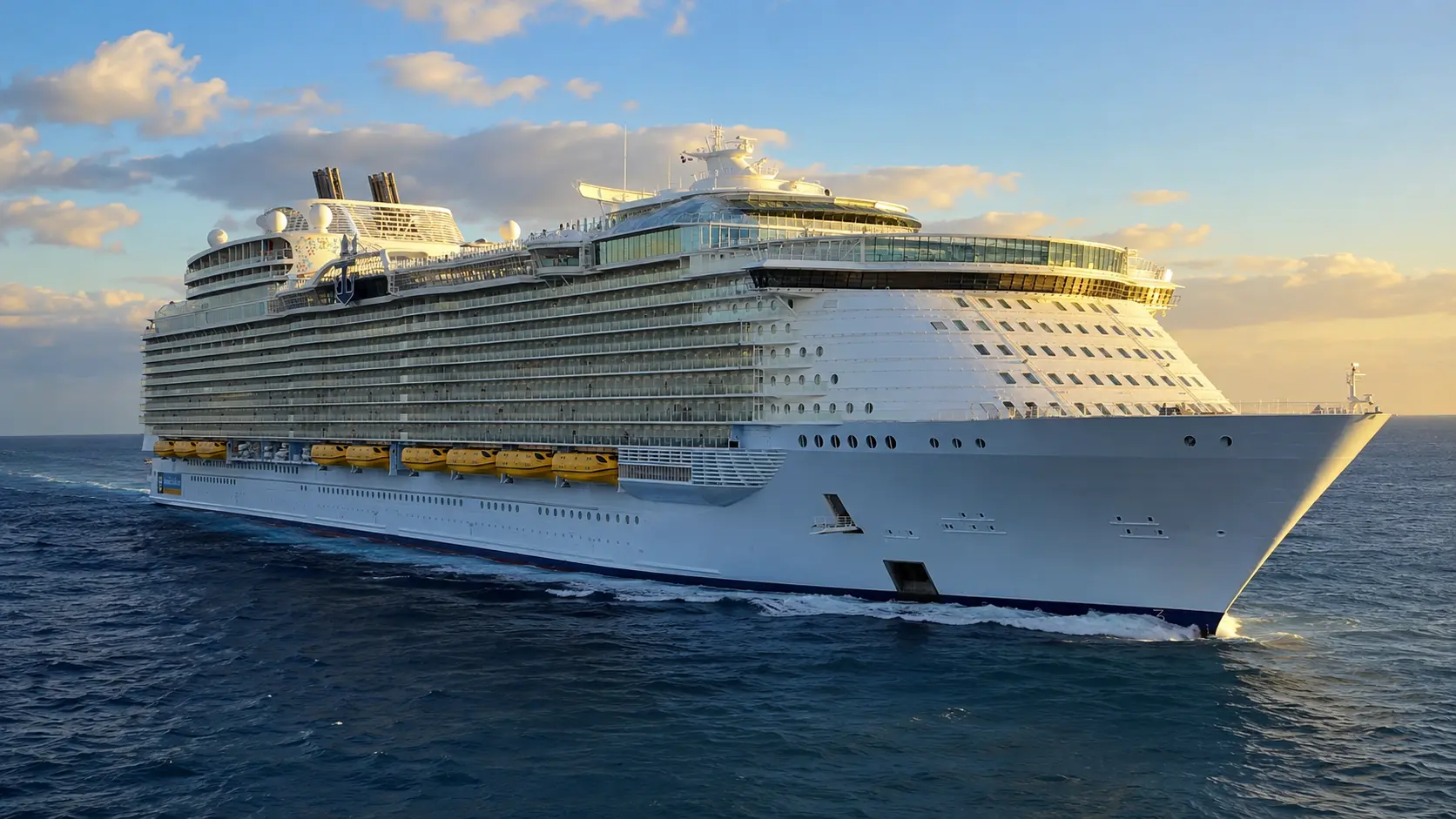 Wonder of the Seas viewed from the front and side at sea