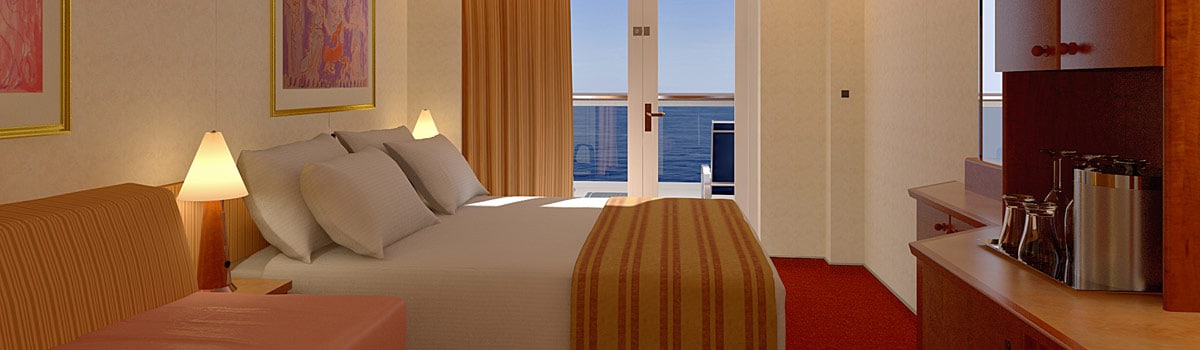 Representative standard balcony room listed by Carnival for Carnival Pride