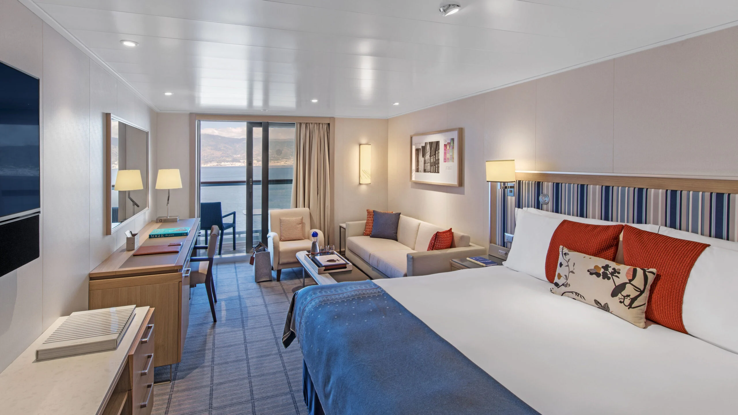 Viking ocean-fleet Penthouse Veranda representative room and balcony, shown on the Vela accommodation page
